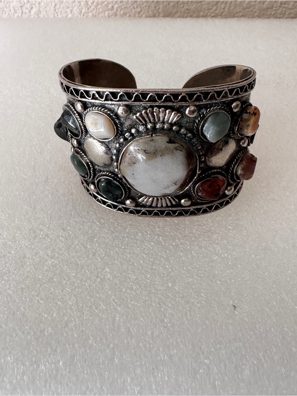 Multistone Silver Cuff Bracelet with White Center Stone